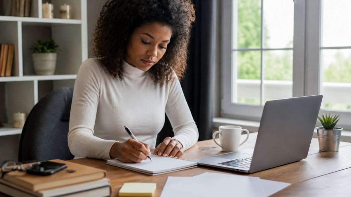 Entrepreneur working at a desk planning profitable online business ideas with a laptop and coffee