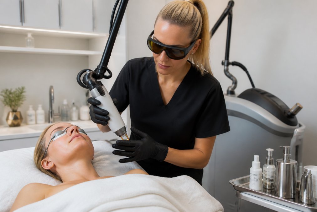 A licensed aesthetician operating a modern laser device on a client in a clean, well-lit med spa treatment room, with professional equipment and stainless steel instrument trays visible in the background