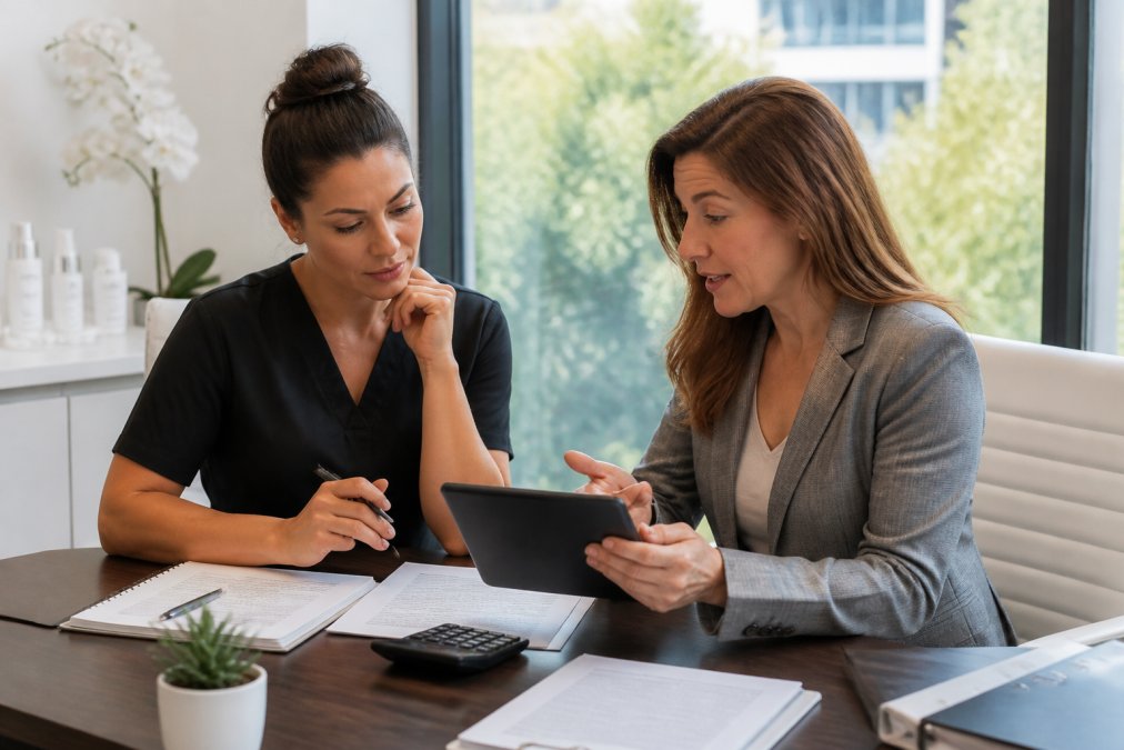 A med spa owner and a business advisor sitting across a desk reviewing financial documents and a tablet displaying equipment options in a professional, well-lit office setting with natural light from a window