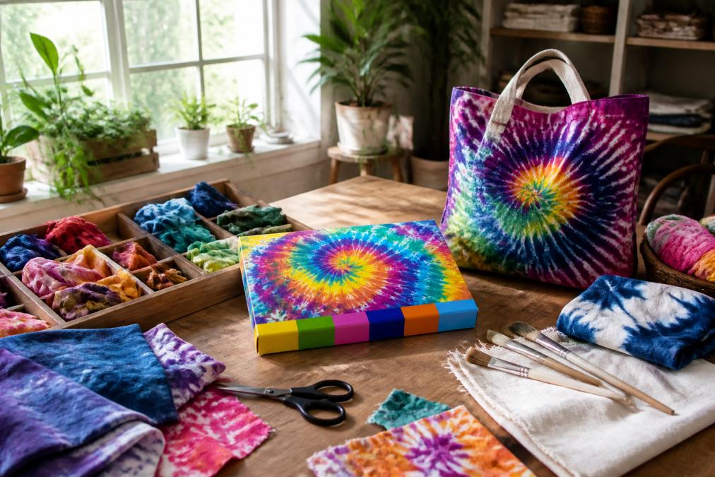 Tavolo di lavoro artigianale con rimasugli colorati di tessuto organizzati, una borsa handmade completata accanto, pennelli per tintura, set tie-dye Aybel disposti ordinatamente, luce naturale dalle finestre