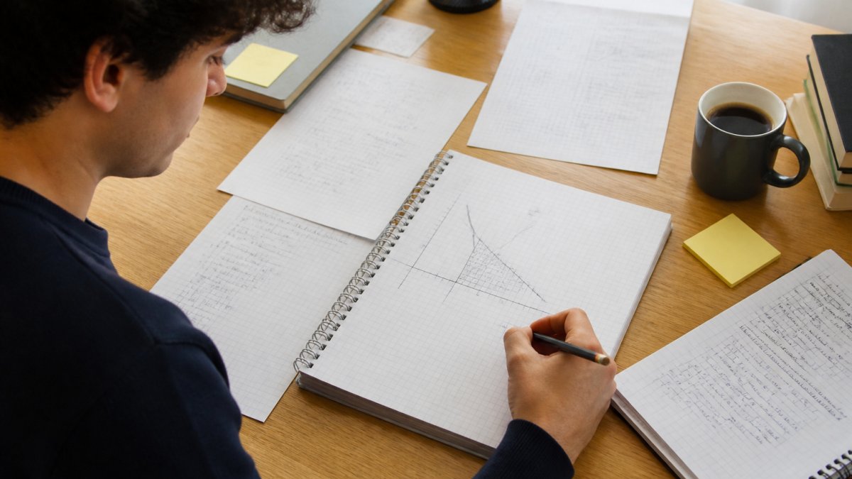 Estudiante trabajando en una mesa con portátil abierto, papel cuadriculado con gráficos de restricciones lineales dibujados a mano, notas de cálculo dispersas, y una taza de café al lado en ambiente de estudio iluminado naturalmente