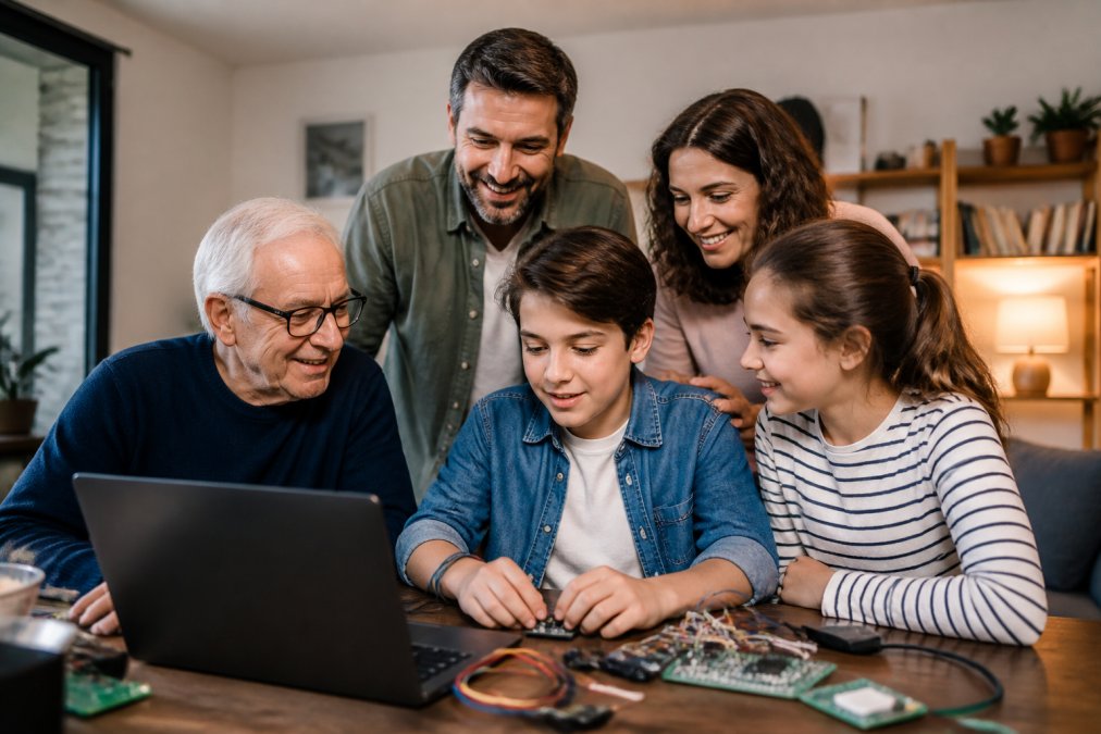 Familia de varias generaciones (abuelos, padres e hijos) sonriendo mientras trabajan juntos frente a una pantalla en una sala de estar acogedora, con código visible en el monitor