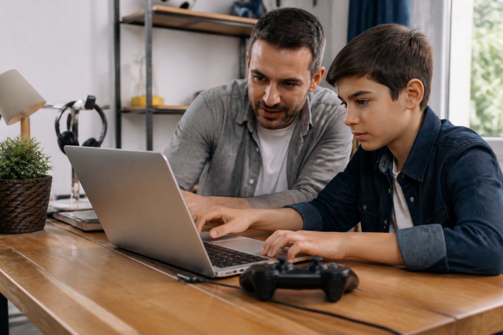 Padre e hijo trabajando lado a lado en un escritorio con laptop, controlador de videojuegos visible, concentrados en crear un videojuego 2D