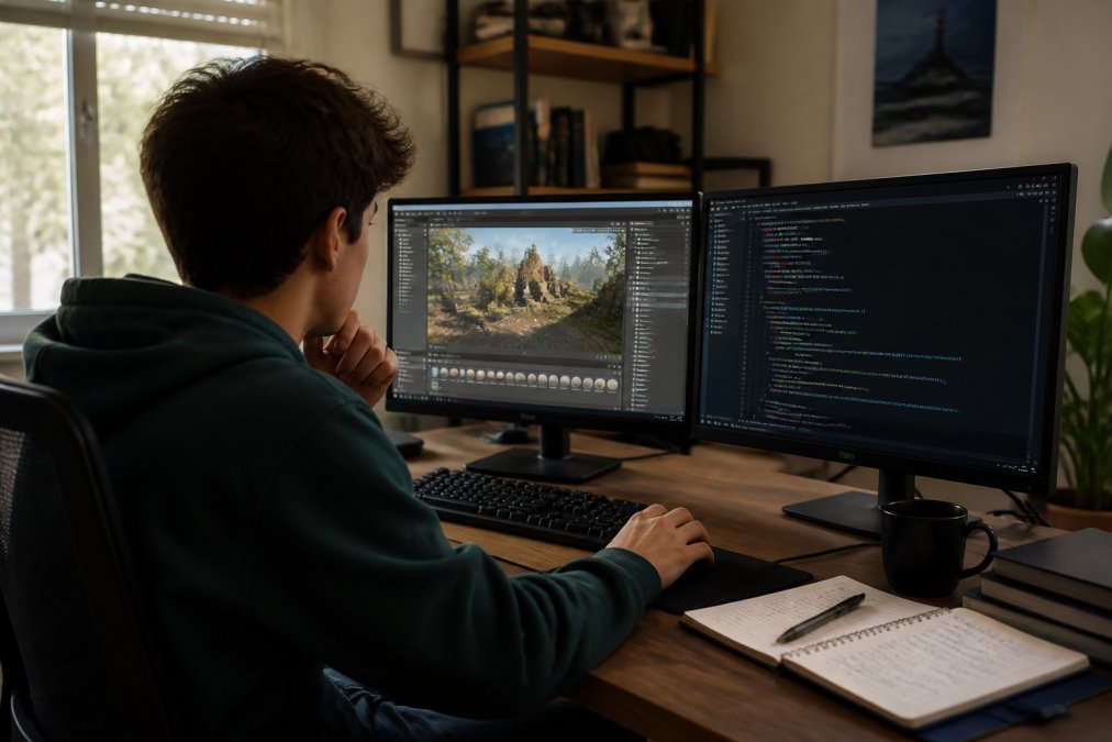 Persona joven trabajando en el desarrollo de un videojuego 3D y código de programación en dos monitores.