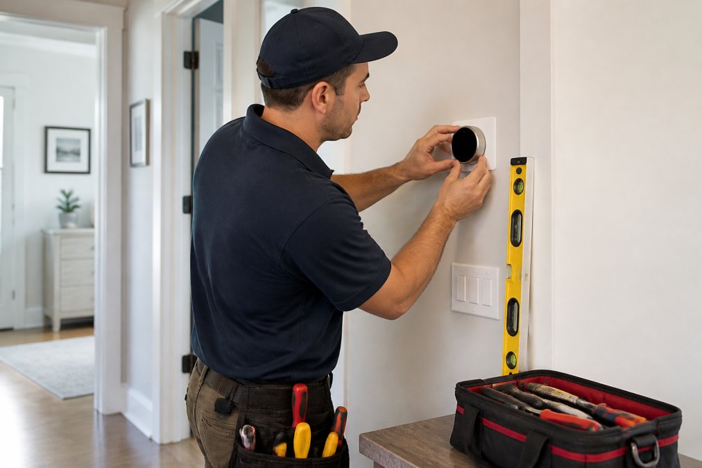 A certified HVAC technician in uniform installing a smart thermostat on a wall, with tools and a level nearby, in a bright home hallway