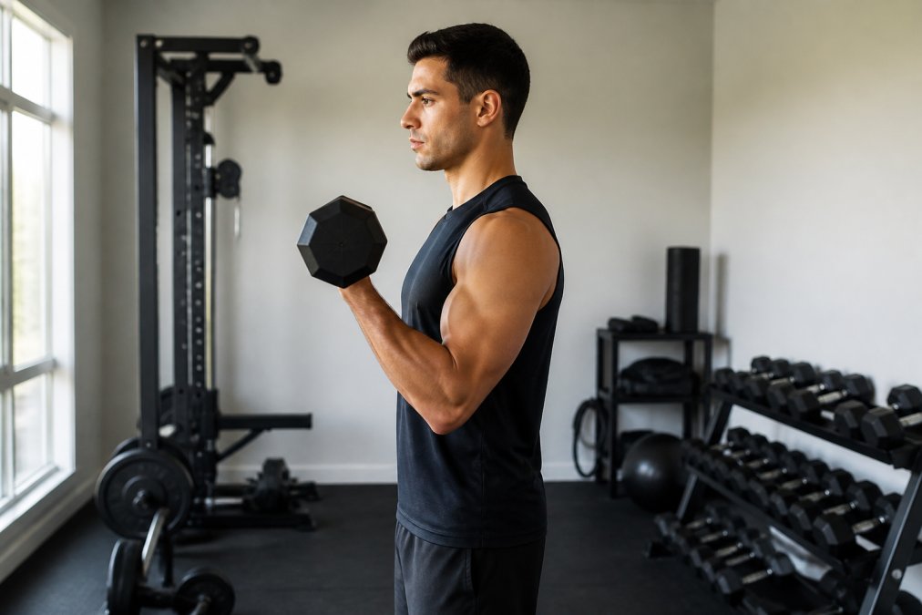 Person performing a controlled dumbbell curl with perfect form, showing stable posture and full range of motion in a bright home gym setting