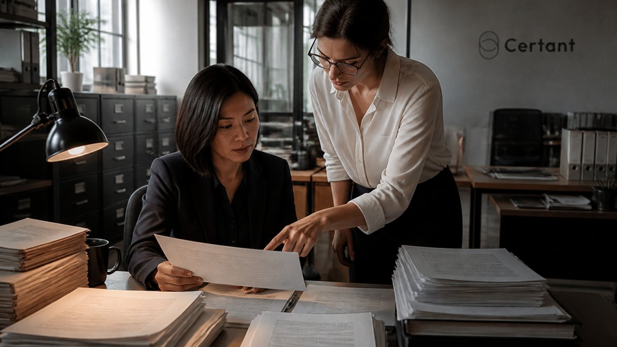 A compliance officer at a desk reviewing contract documents on screen while a colleague points at a printed policy page, modern office with filing cabinets and monitors in the background