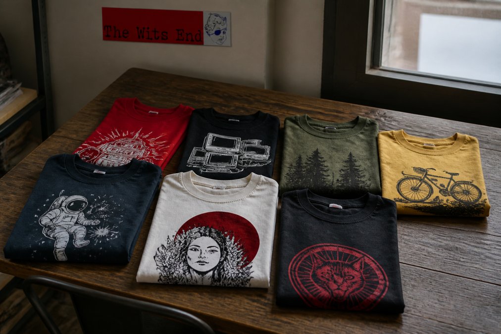 Flat lay of several folded graphic t-shirts in different colors on a wooden table, showing bold text designs and soft cotton texture, natural light from a window