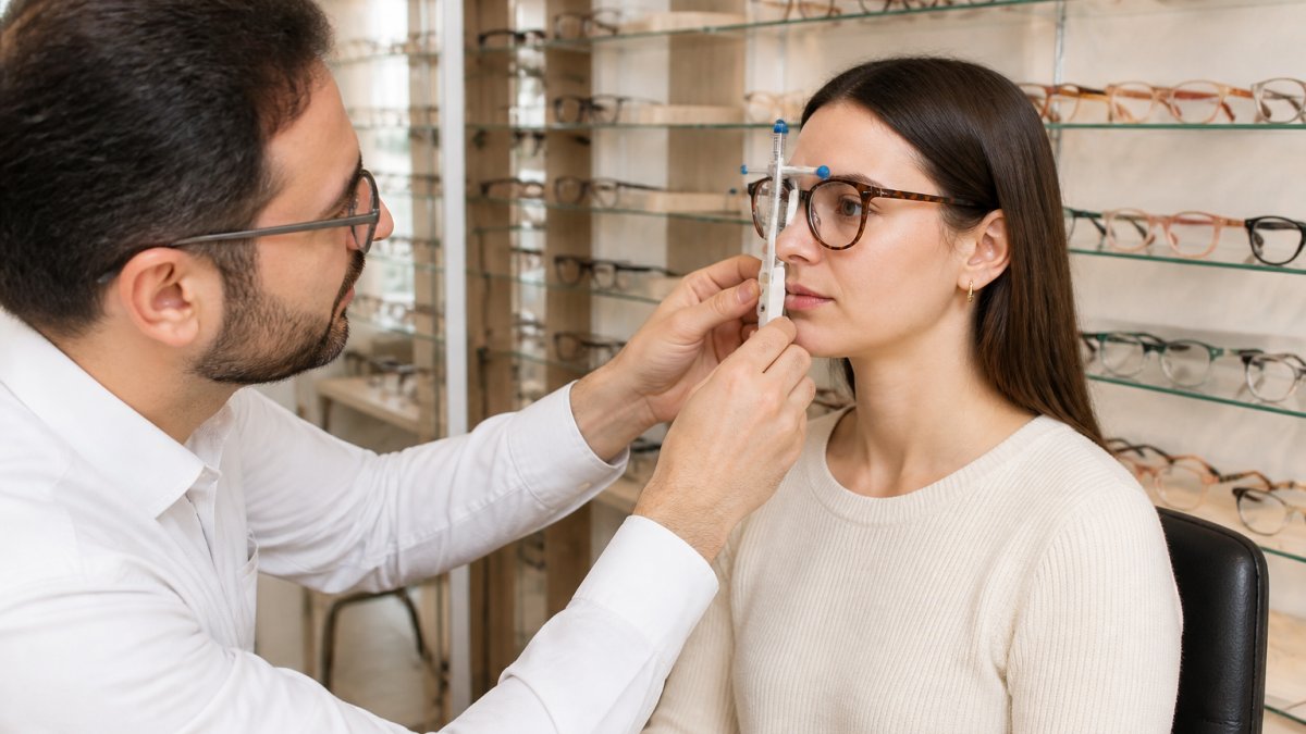 An optician measuring the fitting height of a pair of acetate frames on a patient's face with a pupilometer in a bright eyewear boutique, with rows of designer frames visible behind them