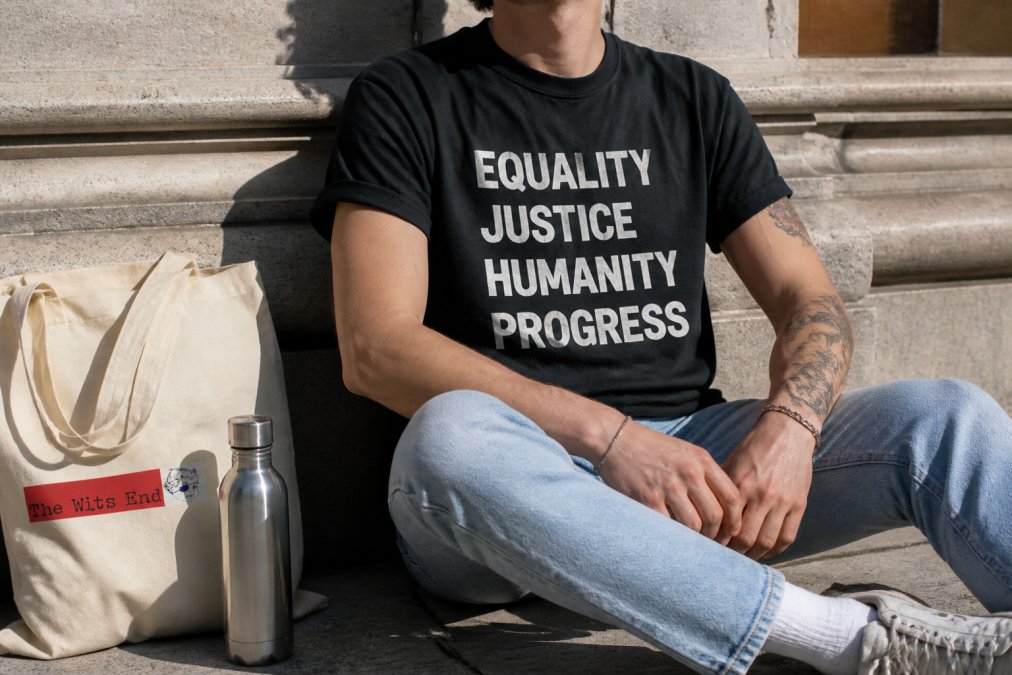 Close-up of a person wearing a bold graphic t-shirt with a progressive message, standing outdoors in bright sunlight with a canvas tote bag and steel water bottle at their feet