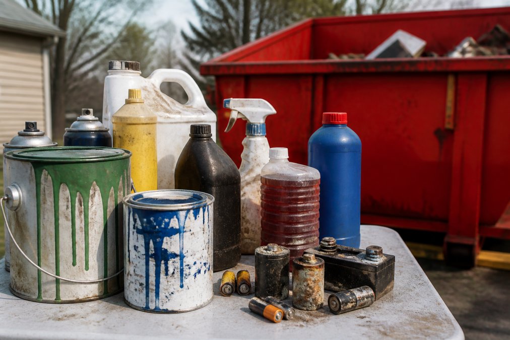 Close-up of hazardous household items arranged on a work surface, including paint cans with warning labels, chemical bottles, batteries with corrosion marks, cleaning supply containers, and aerosol cans in natural daylight