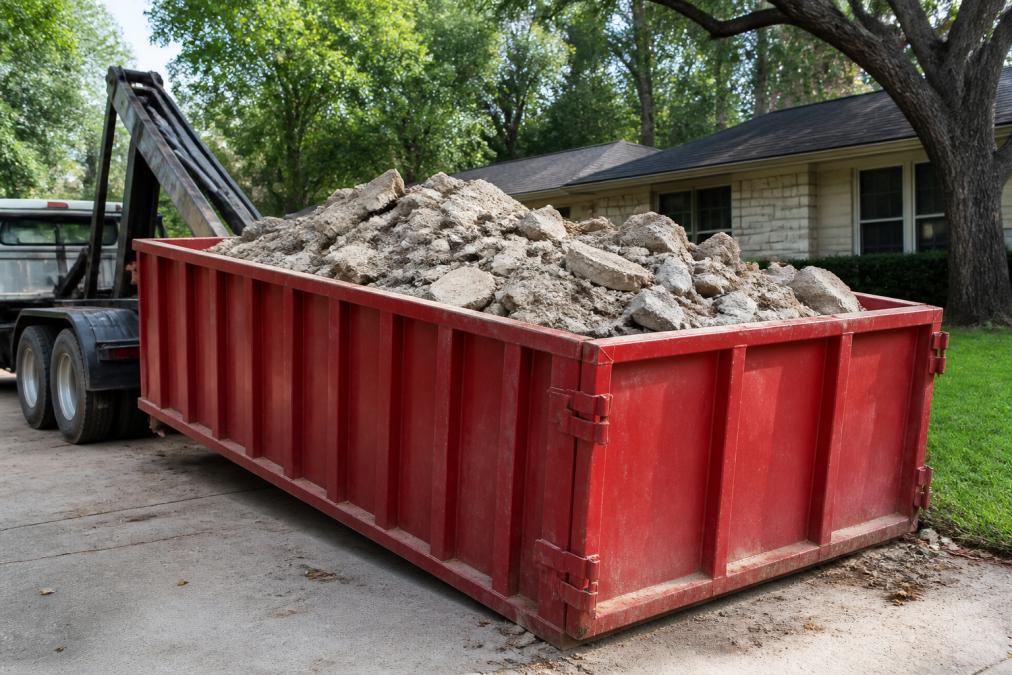 A loaded 15-yard roll-off dumpster filled with concrete rubble and demolition debris on a residential property driveway, with partial view of the truck bed