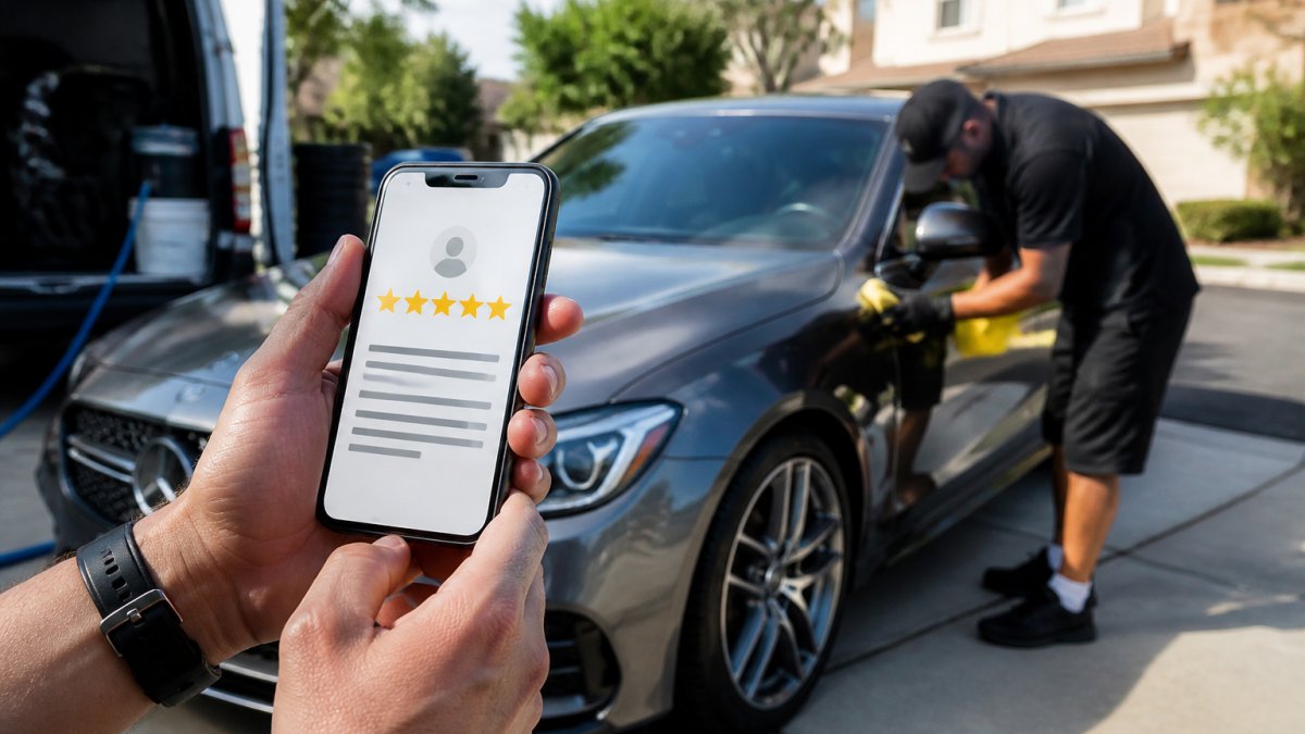 A close-up of a smartphone screen displaying a five-star customer review for a mobile detailing service, with a car being detailed in the background