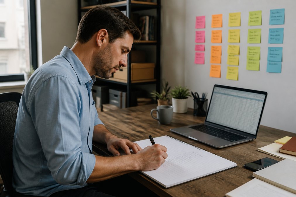 A project manager at a desk writing out a task list on a large notepad, with a laptop open beside them showing a spreadsheet and sticky notes arranged in columns on the wall behind