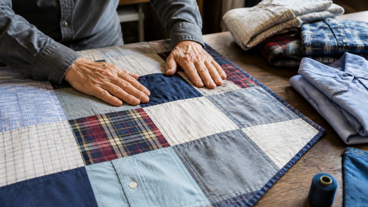 Close-up of weathered hands smoothing a patchwork quilt made from plaid and solid dress shirts on a wooden table, with folded shirts and a spool of thread nearby
