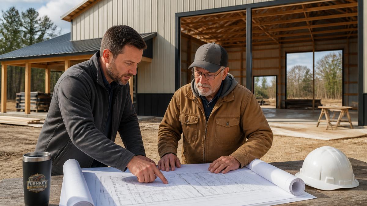 General contractor and homeowner reviewing metal building structural blueprints and site plans on a job site with a post-frame structure visible in the background, natural daylight