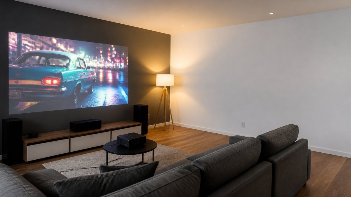 A living room with a projector casting a movie onto a grey painted wall, a white wall visible in the background for comparison, warm ambient light from a floor lamp