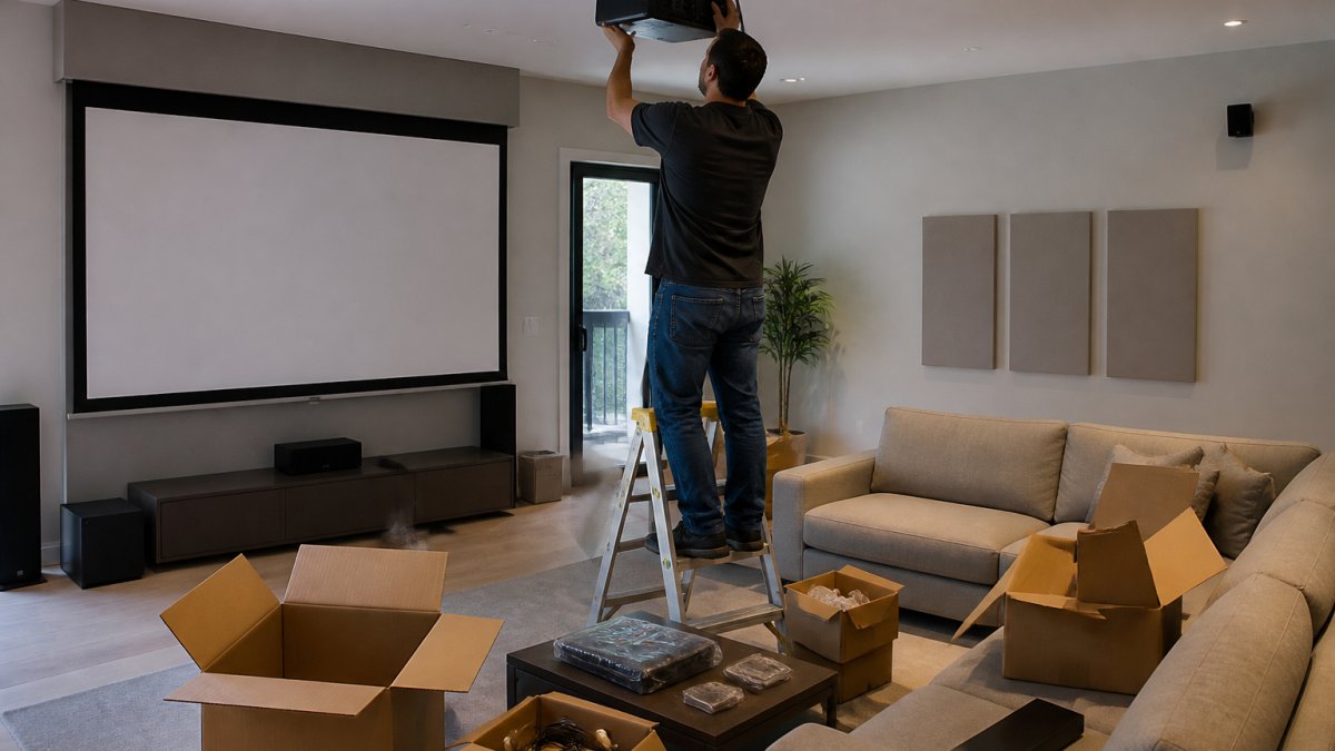 Ceiling-mounted projector displaying a large image in a comfortable living room setup