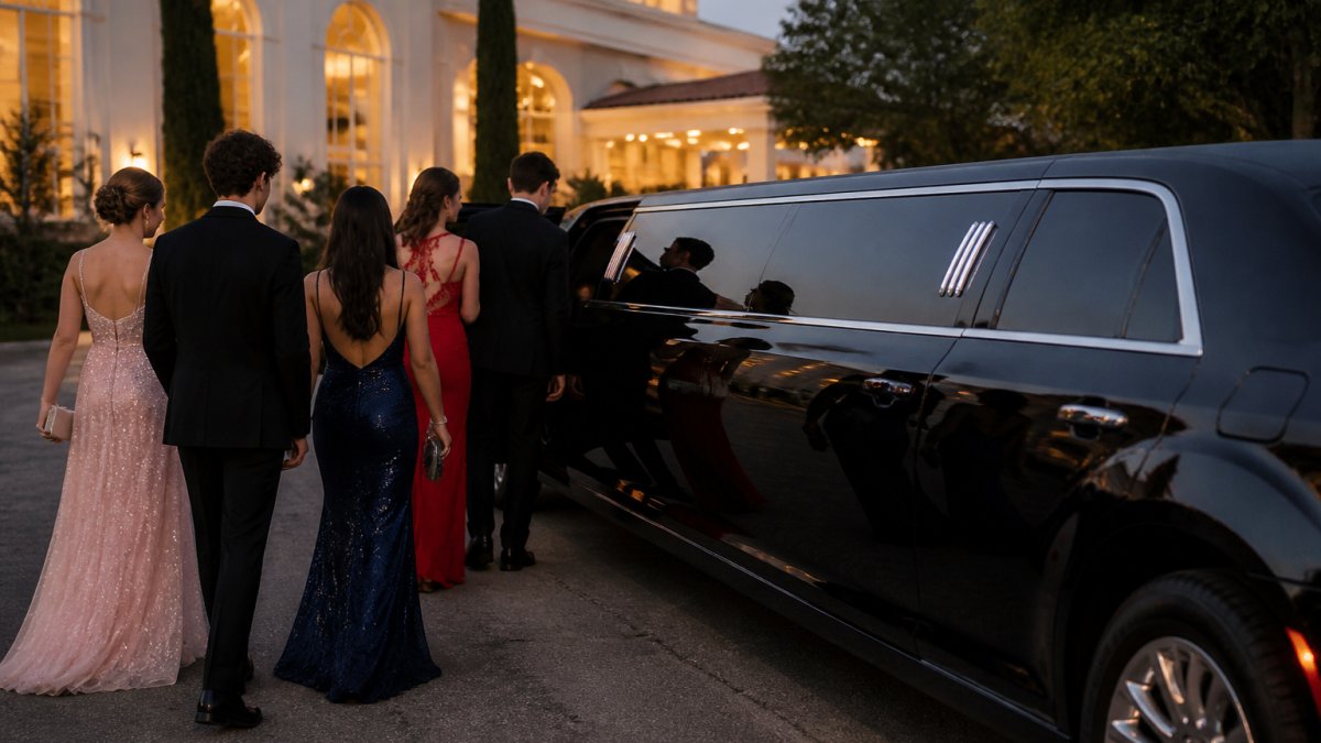 A sleek stretch limousine parked outside an upscale venue with formally dressed students approaching the vehicle, evening lighting creating reflections on the polished exterior