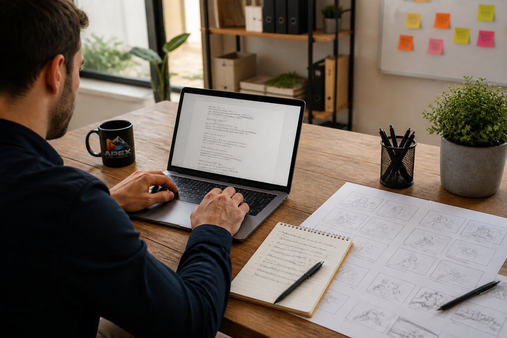 A marketer at a desk writing a video script on a laptop, with a storyboard and handwritten notes on a notepad beside them in a bright office