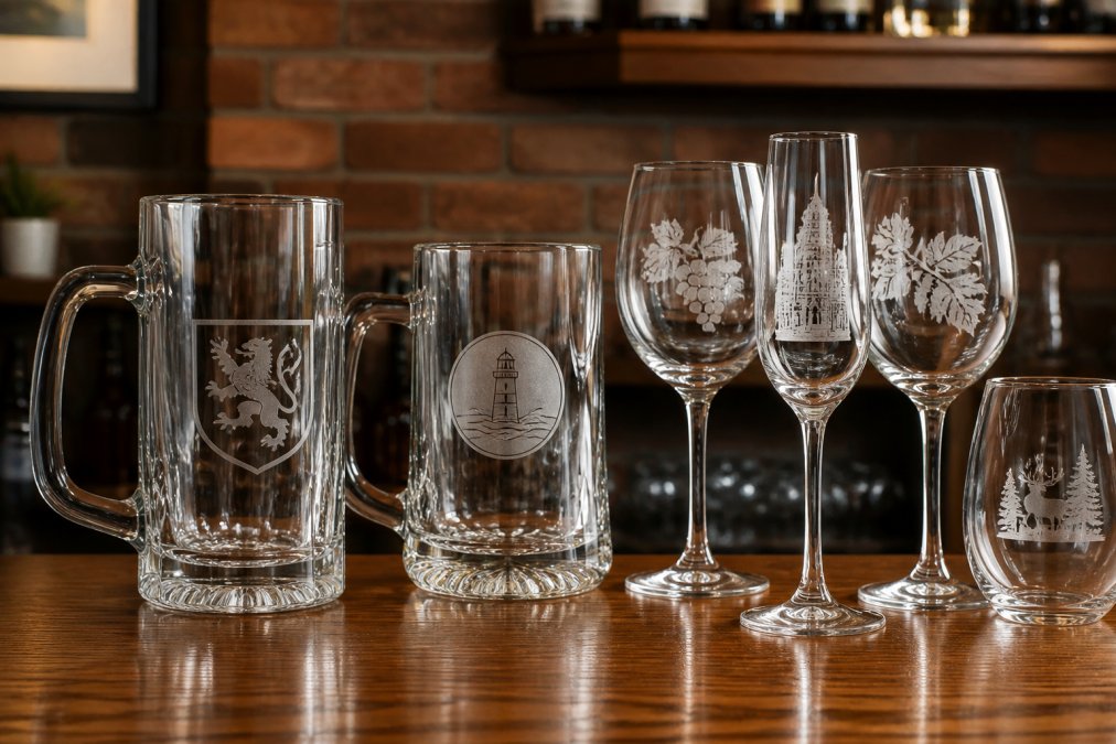 Set of custom-engraved beer steins and wine glasses arranged on a polished wooden table with clear logo detail visible, professional studio lighting highlighting the frosted engraving texture