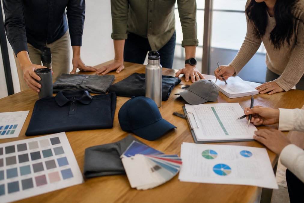 Marketing team members reviewing printed promotional samples and branded apparel on a table, with budget spreadsheets and color swatches visible
