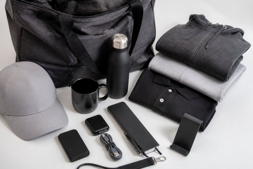 Close-up of an organized branded swag bag with custom apparel folded neatly, tech accessories arranged strategically, and promotional items displayed on a clean white surface with professional studio lighting