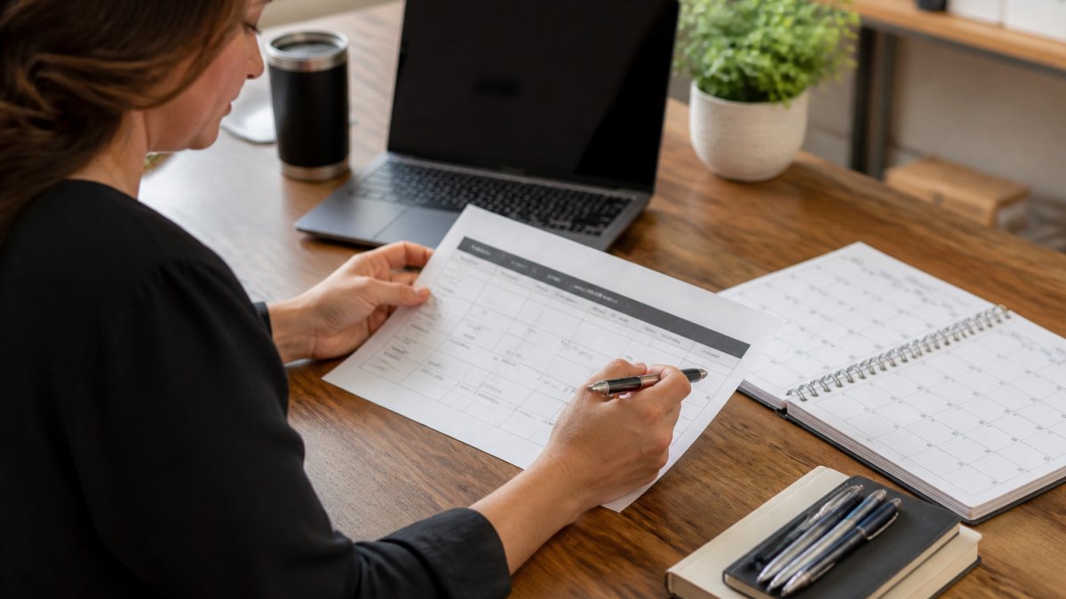 An event coordinator reviewing a printed order timeline and calendar at a desk with a laptop, branded pens, and a notebook nearby, planning a promotional product order