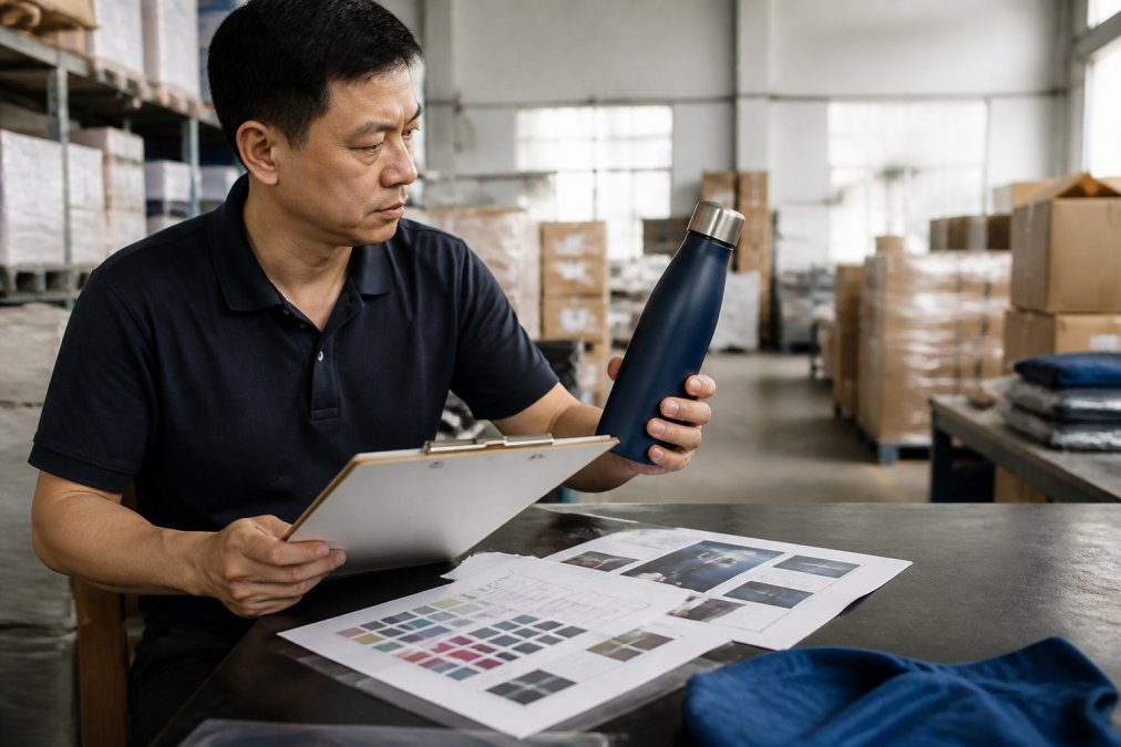 Inspector checking a branded water bottle using a quality assurance checklist and color swatches in a warehouse