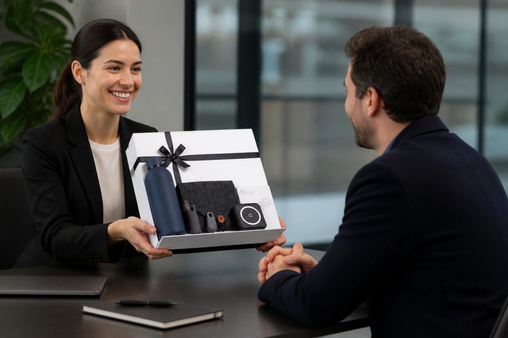 Professional woman presenting a premium gift box to a client, highlighting the difference between promotional products vs