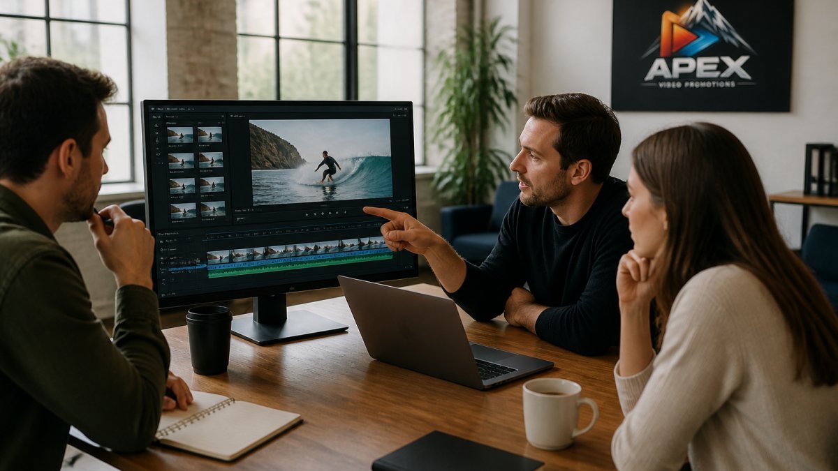 Professional team reviewing video content on large monitor in modern office with natural light, discussing promotional video edits and creative direction