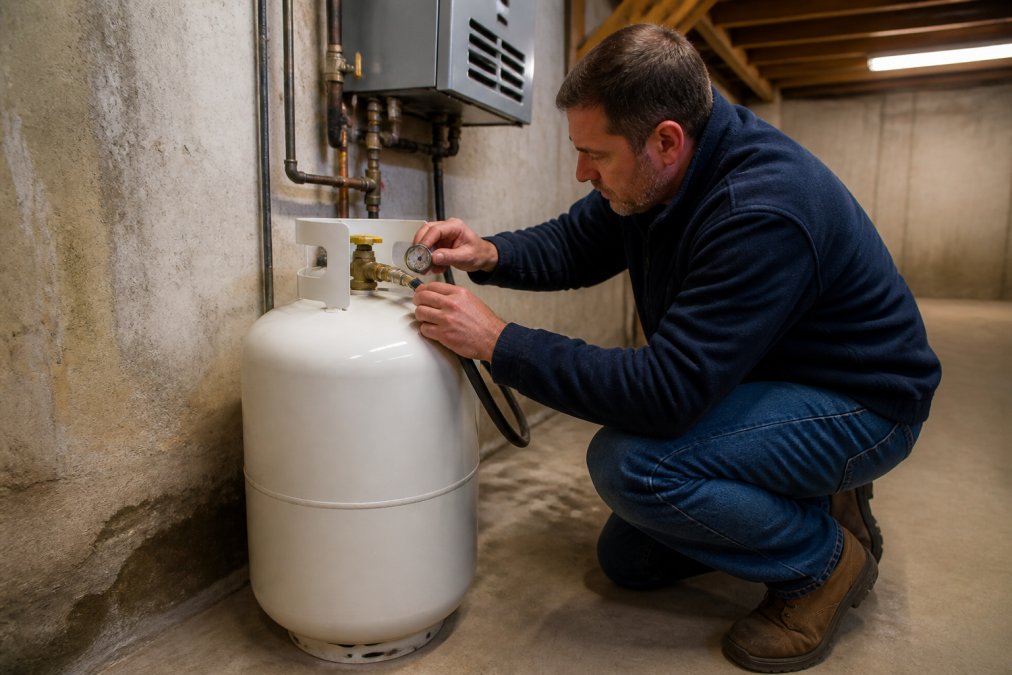 A homeowner in a basement crouching beside a propane tank, examining the pressure gauge and inspecting the gas line connection near a wall-mounted home heating unit under fluorescent basement lighting