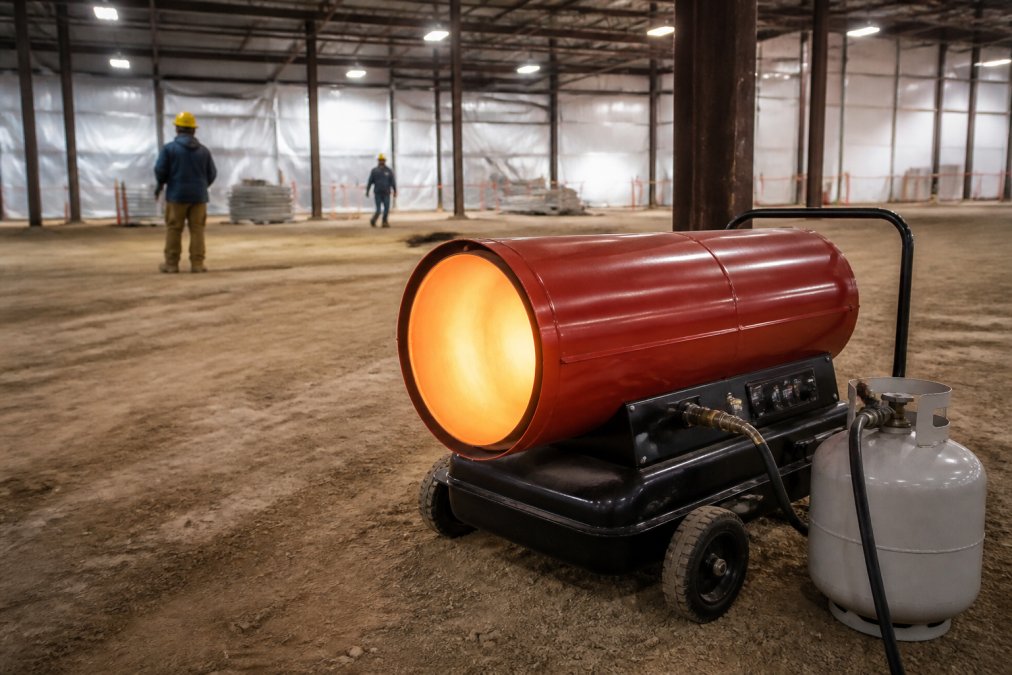 Forced air propane heater mounted on construction site with visible regulator and hose assembly, actively heating an open warehouse space with workers in hard hats visible in the background