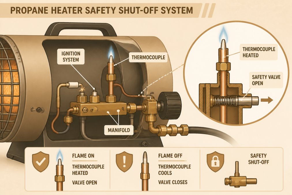 Close-up of propane heater's safety shut-off system and thermocouple mechanism showing ignition system and manifold components clearly visible and labeled