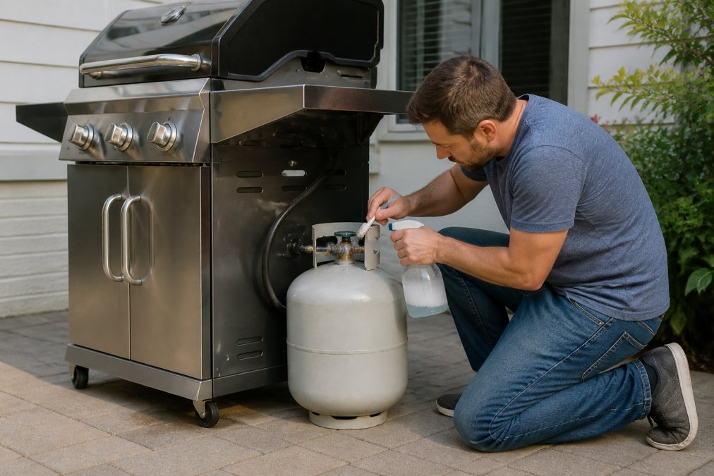 A homeowner in casual clothes kneeling beside a freestanding propane grill on a patio, applying soapy water from a spray bottle to the hose connection at the propane tank with a small brush in hand, daylight scene, grill lid closed
