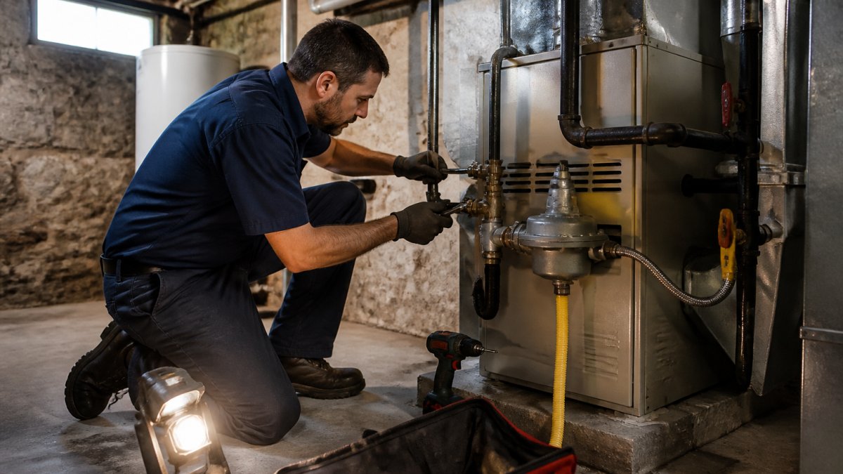 Professional HVAC technician installing propane furnace in basement of older home, connecting fuel lines and equipment with precision tools, warm lighting from work lamps