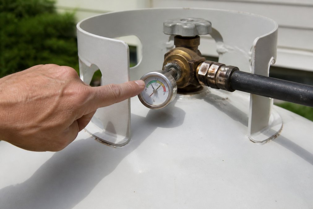 Homeowner's hand pointing to a propane tank gauge dial showing fill level indicator in natural daylight, with clear view of percentage markings