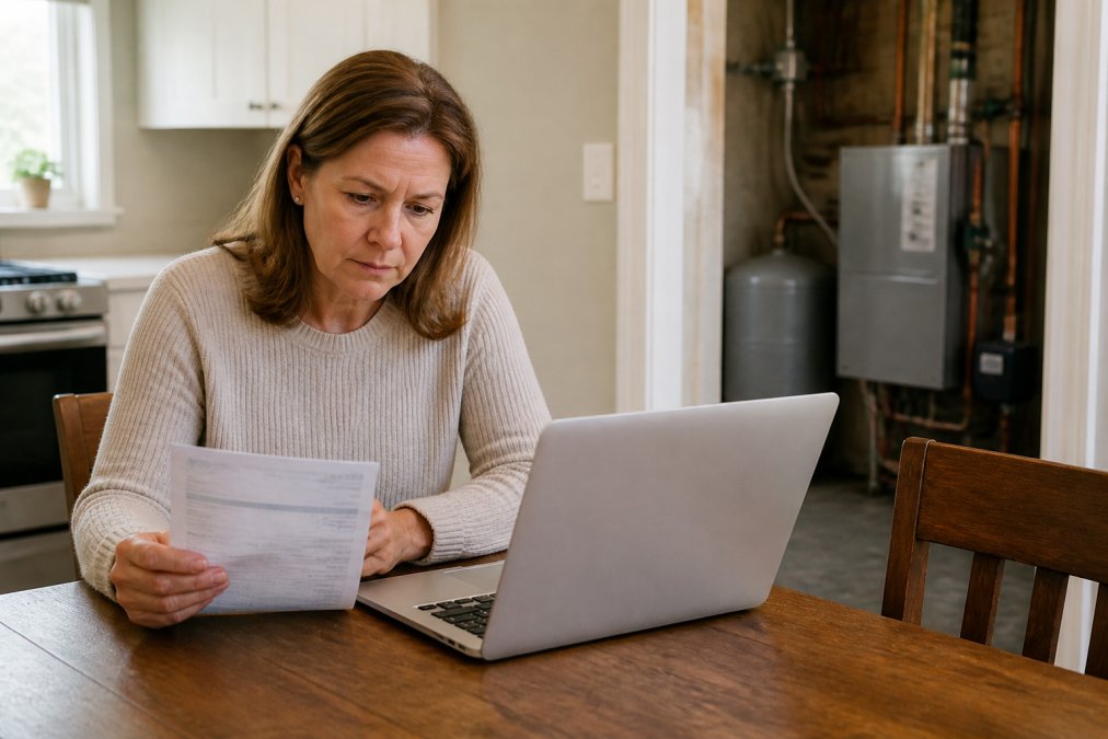 Homeowner reviewing propane bill and online account on laptop at kitchen table with heating system visible in background
