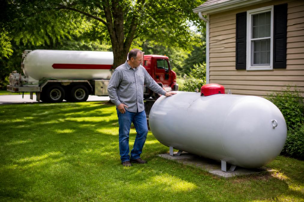 Residential homeowner standing beside an above-ground propane tank in a backyard, with delivery truck visible in the background on a sunny day