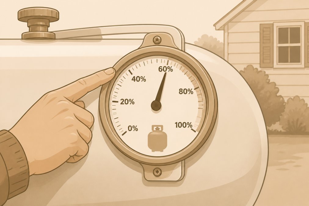 Close-up of a homeowner's hand pointing to a propane tank gauge dial mounted on an outdoor residential tank, showing the needle positioned at the 60% mark with clear percentage markings visible in natural daylight