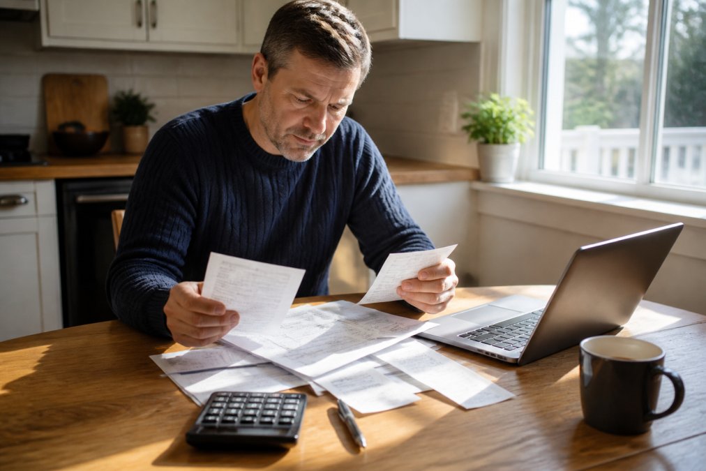 Homeowner reviewing heating bills and fuel cost receipts at a kitchen table with a calculator, laptop, and pen, natural afternoon light streaming through a window