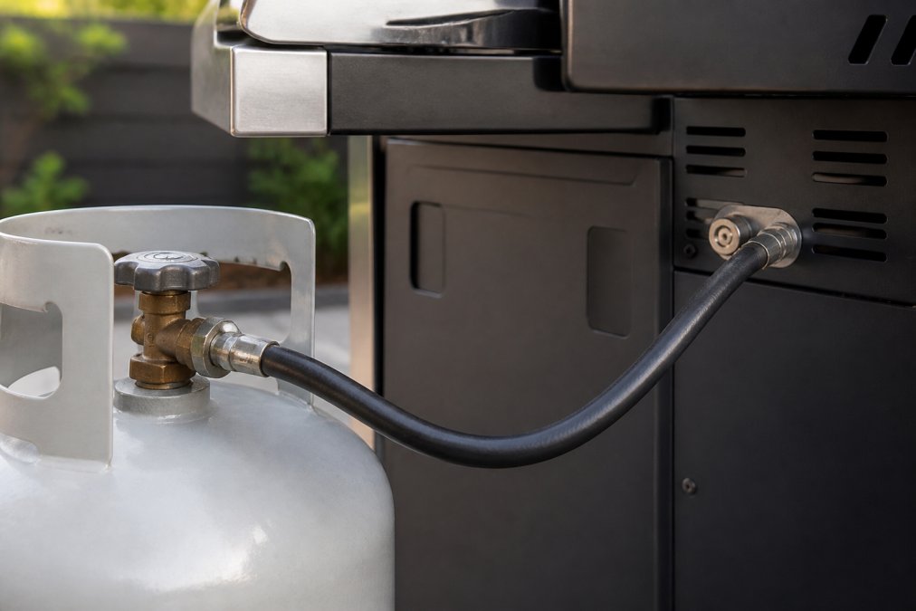 Propane cylinder connection area on a freestanding gas grill