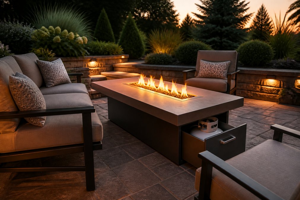 Diagram comparing propane vs natural gas portability and flame quality in a backyard fire table setting