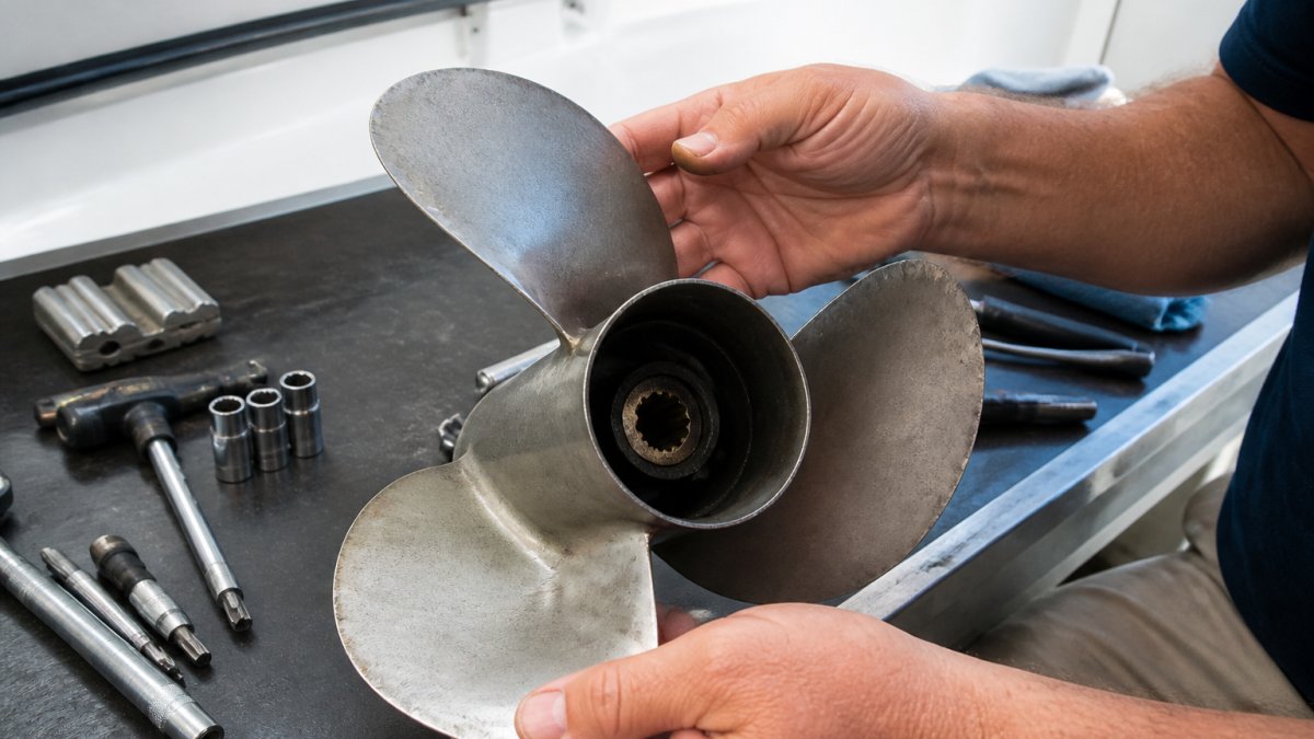 Mechanic inspecting the edges and hub of a boat propeller on a workbench