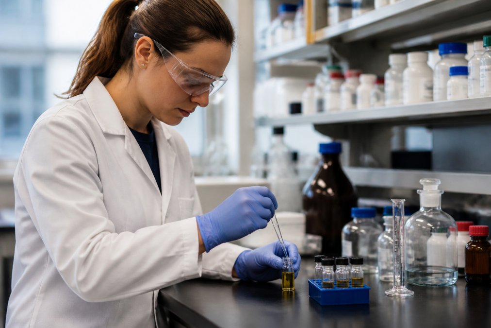 Researcher wearing complete PPE including lab coat with corrosion-resistant material, safety goggles with side shields, and nitrile gloves while working at a laboratory bench with research chemicals