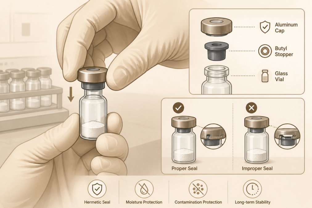 Professional illustration showing proper storage for lyophilized peptides