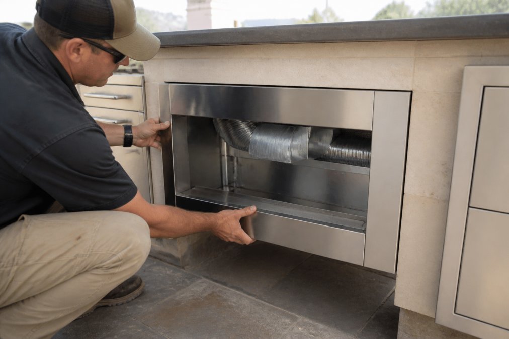 Professional contractor installing stainless steel vent panels into an outdoor kitchen island structure during daylight, showing intake grilles and ducting connections