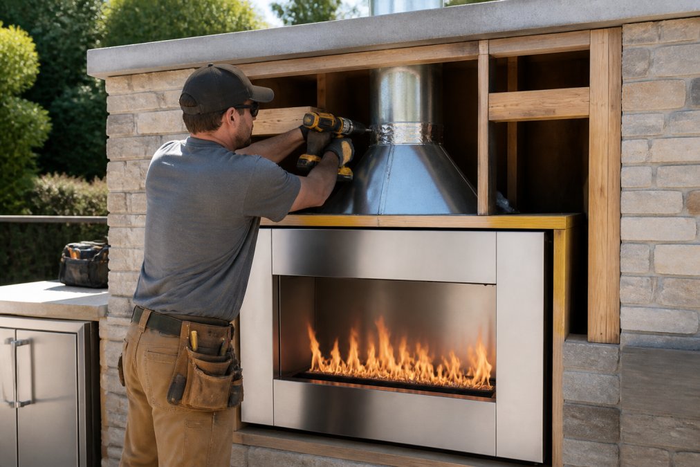Licensed contractor securing duct connections and exhaust hood to outdoor kitchen structure frame with proper fasteners and sealing, showing ventilation pathway during installation