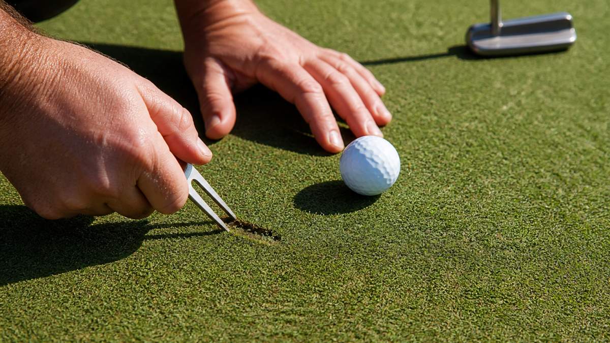 Close-up of a golfer's hands using a divot tool with spikes to gently lift the edge of a ball mark on a putting green, tool angled at 45 degrees into the turf, morning light