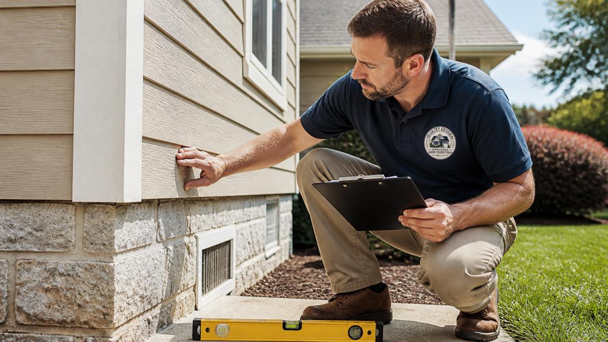 Professional appraiser with clipboard and measuring tools examining home exterior, noting foundation condition, siding quality, and roof state on sunny day